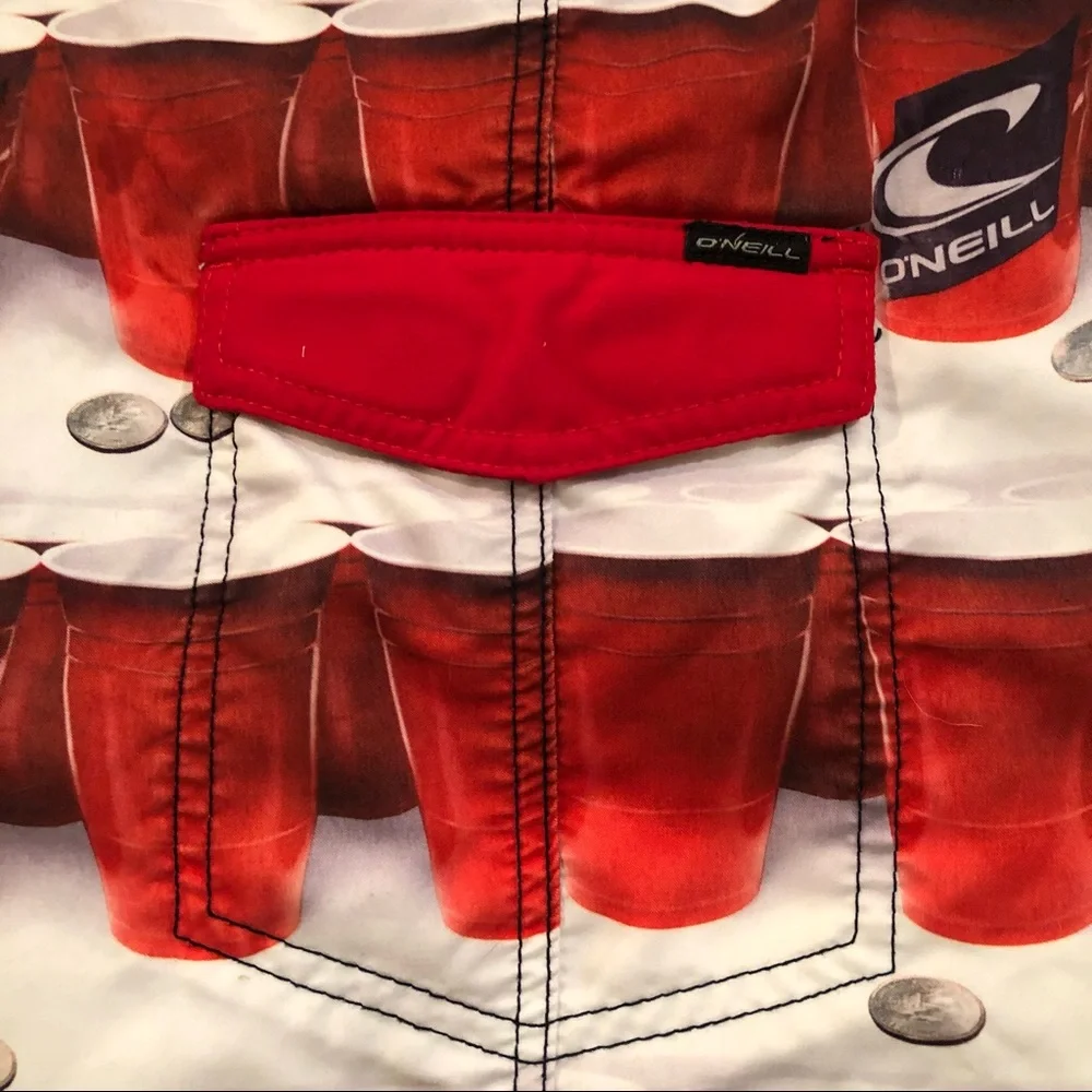 O’Neill Patriotic Flip Cup Red Solo Cup & Quarters Board Shorts SwimWear Mens 30